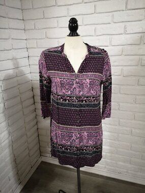Yest Ladies Size 10 Multi Colored Button Front 3/4 Sleeves Tunic Length Blouse